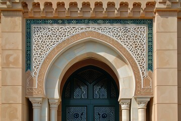Obraz premium Intricate islamic architectural details frame a doorway, showcasing the beauty and craftsmanship of a traditional design