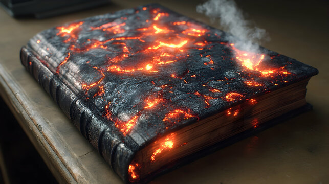 Burning book with lava flowing on its cover, emitting smoke. - Powered by Adobe