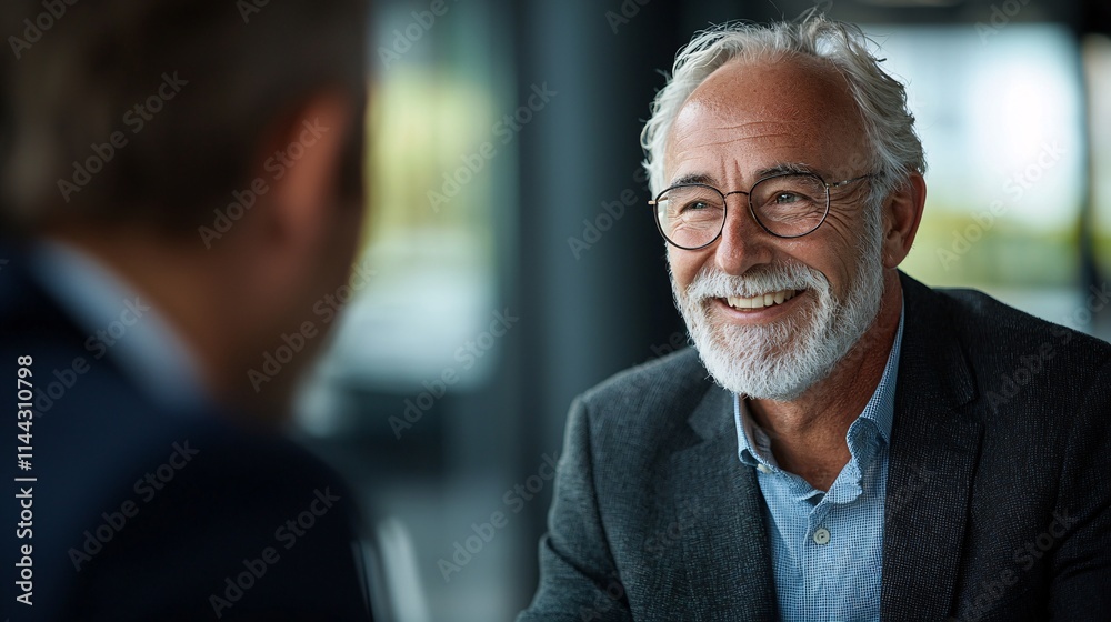 Poster financial consultant explaining tax optimization strategies to a senior client stock photo with side