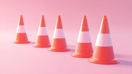 A row of traffic cones on a pink background, used for road safety and guidance.