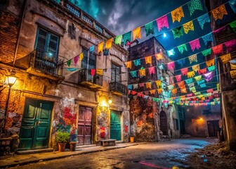 Fototapeta premium Cinco De Mayo Urban Exploration Photography: Abandoned Building, Festive Decorations, Graffiti Art, Night Photography