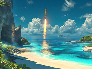 Rocket launching from a beach towards space, symbolizing the excitement of exploration and adventure.