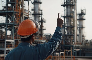 male engineer wearing an orange safety helmet and blue work is holding his hand up to point at the gas plant in front of him, with an oil and natural gas, petrochemical industrial park.