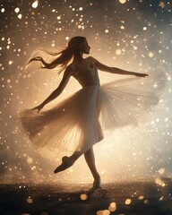A mesmerizing capture of a ballerina mid-spin, with her dress flowing dramatically and light particles creating a dreamy effect.