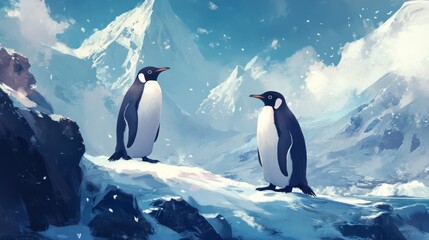 Fototapeta premium Two penguins standing on snowy mountain.