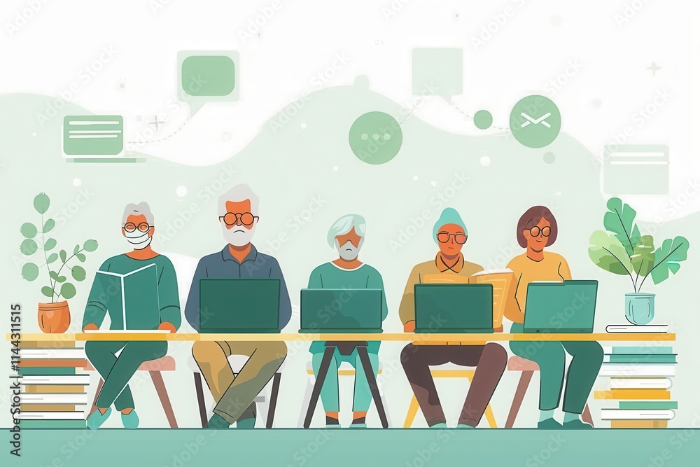 Leinwandbilder Elderly learners engaged in online courses using laptops and tablets in a cozy environment. Generative AI