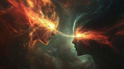 Fototapeta premium Two fiery ethereal beings face each other, energy connecting their eyes.