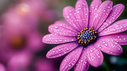 Obraz premium Close-up of a vibrant purple flower with dew drops on its petals.