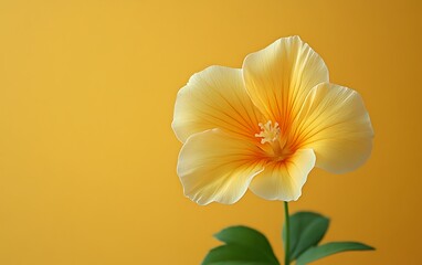 Obraz premium Single pale yellow flower against a yellow background.