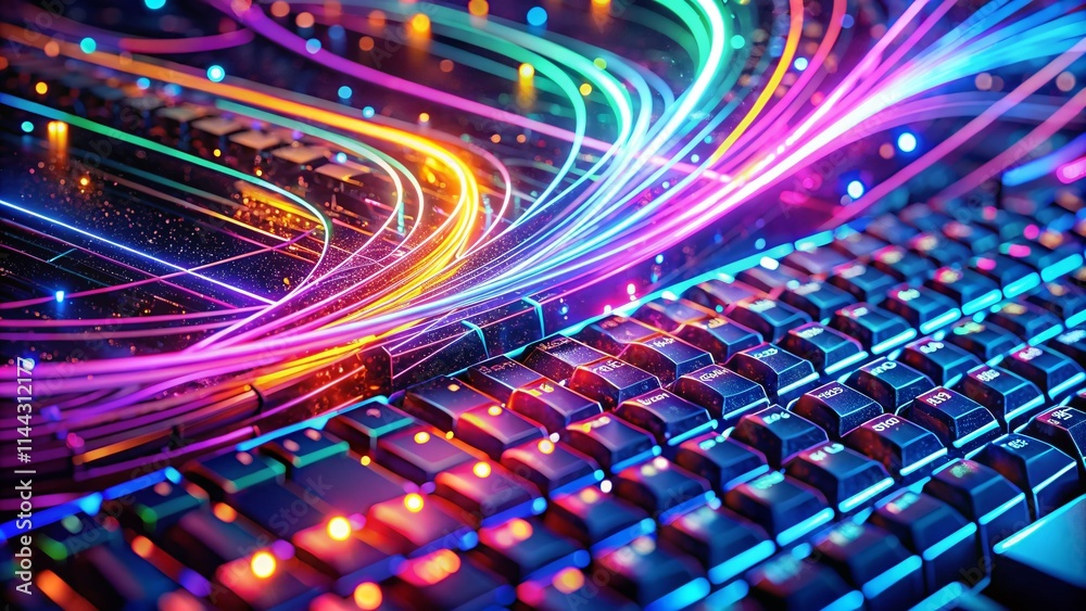 Poster coding keyboard: digital art, abstract programming, technology background, software development, cyb