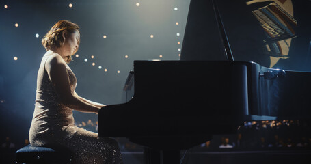 On a Dimly Lit Concert Stage, Portrait of a Female Pianist Delivering an Emotional Piano Recital....