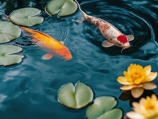 A tranquil koi pond scene with vibrant fish swimming among lily pads and subtle ripples on the water's surface.