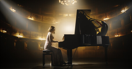 Emotional Female Performing Classical Instrumental Music on Stage. Asian Musician Using a Grand...