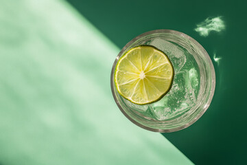 a lime slice and a transparent cup with gin tonic set against a two-tone green background.