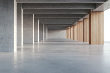 A perspective view of a vacant concrete floor featuring a cement structure and an external wooden wall building. 