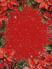 Beautiful Christmas Frame with Poinsettia and Snowflakes for Holiday Greeting Cards and Festive Decorations