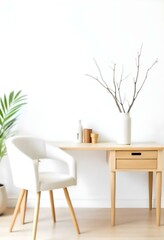 A minimalist home office setup with a wooden desk, a white chair, and a vase with branches on the desk. The background is blurred , creating a clean and serene atmosphere.