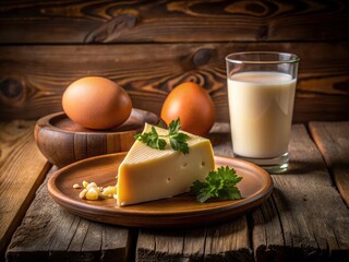 Fototapeta premium Macro Photography: Cheese, Egg, Milk - Breakfast Still Life
