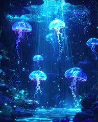 A whimsical underwater scene with jellyfish glowing softly and beams of sunlight penetrating the depths, creating an ethereal mood.