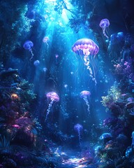A whimsical underwater scene with jellyfish glowing softly and beams of sunlight penetrating the depths, creating an ethereal mood.