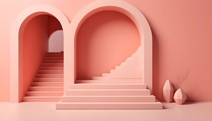 Obraz premium FILE #: 255341557 Arch and stairs in trendy minimal interior. 3d render illustration in modern geometric style. Coral pastel colors background for banners for product ... 