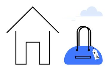 Black outline house and blue handbag with price tag against minimal background with clouds. Ideal for shopping, real estate, travel, budgeting, minimalism, online stores, promotions. Line metaphor