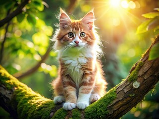 Maine Coon Kitten in Summer Forest - Adorable Fluffy Cat on Tree Branch - Sunny Day Photography