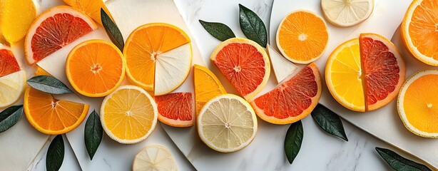 An artistic flat lay of vibrant fruits sliced into geometric patterns on a white marble background, perfect for a modern aesthetic.