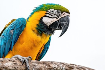 A vibrant blue-and-gold macaw perches on a weathered branch, its striking plumage and powerful beak on display.