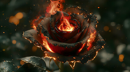 Burning rose engulfed in flames, dark background.