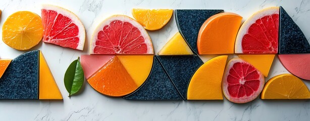 An artistic flat lay of vibrant fruits sliced into geometric patterns on a white marble background, perfect for a modern aesthetic.