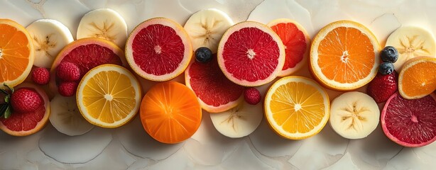 An artistic flat lay of vibrant fruits sliced into geometric patterns on a white marble background, perfect for a modern aesthetic.