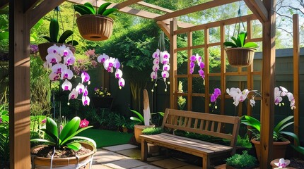 A beautiful home orchid garden in a cozy backyard, with orchids hanging in baskets and climbing along wooden trellises. The scene is set in a bright, generative ai