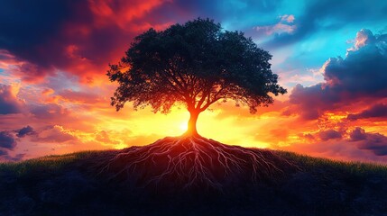An artistic silhouette of a tree with roots extending below ground, representing growth and connection, against a vibrant sunset sky.
