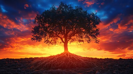 An artistic silhouette of a tree with roots extending below ground, representing growth and connection, against a vibrant sunset sky.