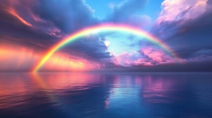 A dramatic rainbow arcs over a calm sea, with its vivid colors contrasting against dark storm clouds retreating into the distance