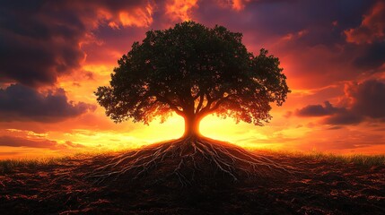 An artistic silhouette of a tree with roots extending below ground, representing growth and connection, against a vibrant sunset sky.