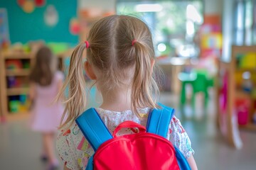 Little girl with pigtails is seen from behind, carrying a red and blue backpack in the kindergarten...