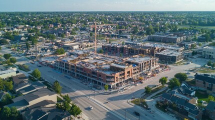 Obraz premium An aerial view of a bustling commercial district, with construction cranes and new buildings rising, symbolizing urban development and economic expansion.
