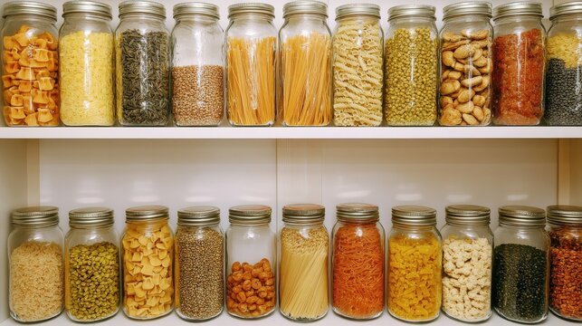 Organized pantry jars filled with various pasta and grains