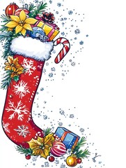 Colorful Christmas Stocking Illustration with Presents, Snowflakes, and Decorative Elements for Holiday-Themed Designs and Seasonal Art Projects