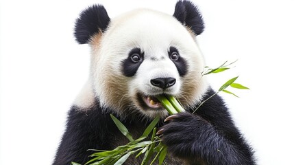 Fototapeta premium Giant Panda Munching on Bamboo Against White Background