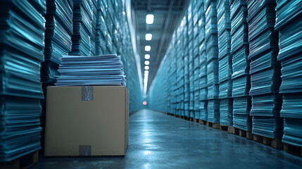 Cardboard box of documents in large archive storage.