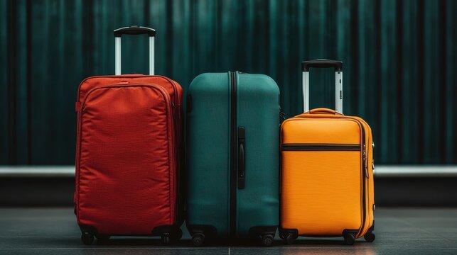 Three colorful suitcases in red, green, and yellow are neatly lined up against a dark background, suggesting preparedness for the next travel adventure.