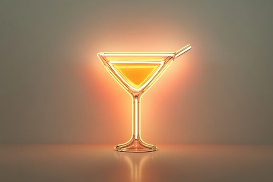Neon martini glass with yellow liquid, stylish and modern cocktail illustration.