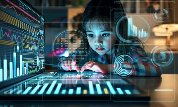 Little girl embracing digital technologies tapping into tablet or laptop with glowing light blue digital overlay