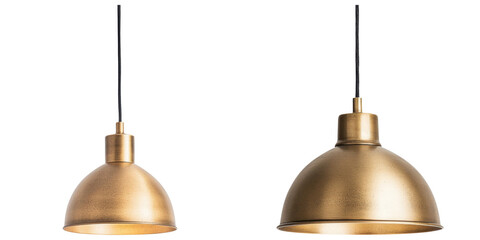 Two elegant hanging lamps featuring a sleek, metallic finish in a minimalist design, showcasing contrasting sizes and shapes.
