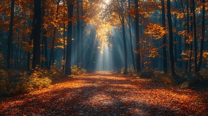 Obraz premium A serene autumn forest scene showcasing vibrant orange and yellow leaves, with sunlight filtering through tall trees, creating a peaceful atmosphere.