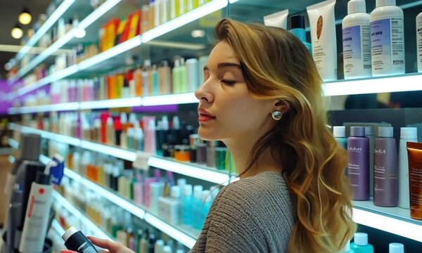 Thoughtful pretty young woman buyer in cosmetics store at a loss choosing her purchases