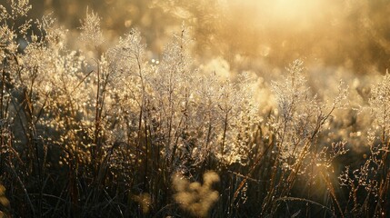 Dew-covered grass glowing in the early morning sunlight